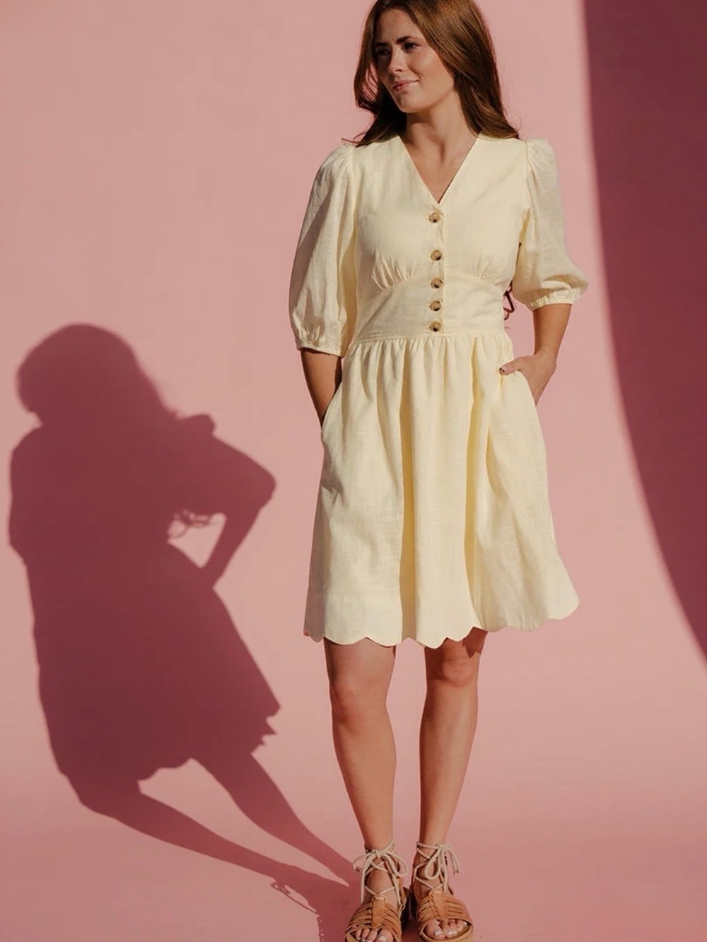 Roolee Pale Yellow Button-Front V-Neck Mini Dress